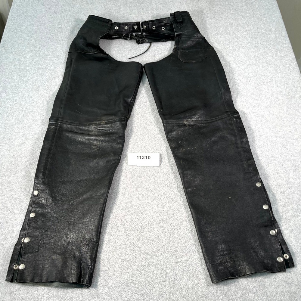 River Road Motorcycle Chaps Men Large Black Leather Biker Riding Gear Ankle Snap